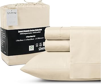 100% Organic Cotton Sheets For Twin Bed, 300TC Fully Elasticated Twin Fitted Sheet & Pillowcase Sets, Fade Resistant Soft & Comfy Deep Pocket Sheets Machine Washable,Naturally Cool & Breathable– Ivory