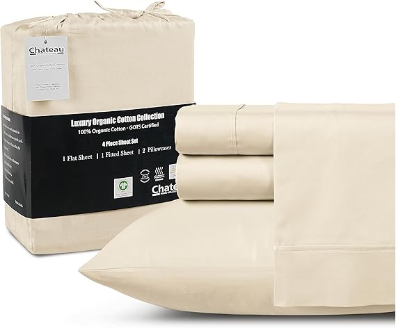 100% Organic Cotton Sheets For Twin Bed, 300TC Fully Elasticated Twin Fitted Sheet & Pillowcase Sets, Fade Resistant Soft & Comfy Deep Pocket Sheets Machine Washable,Naturally Cool & Breathable– Ivory