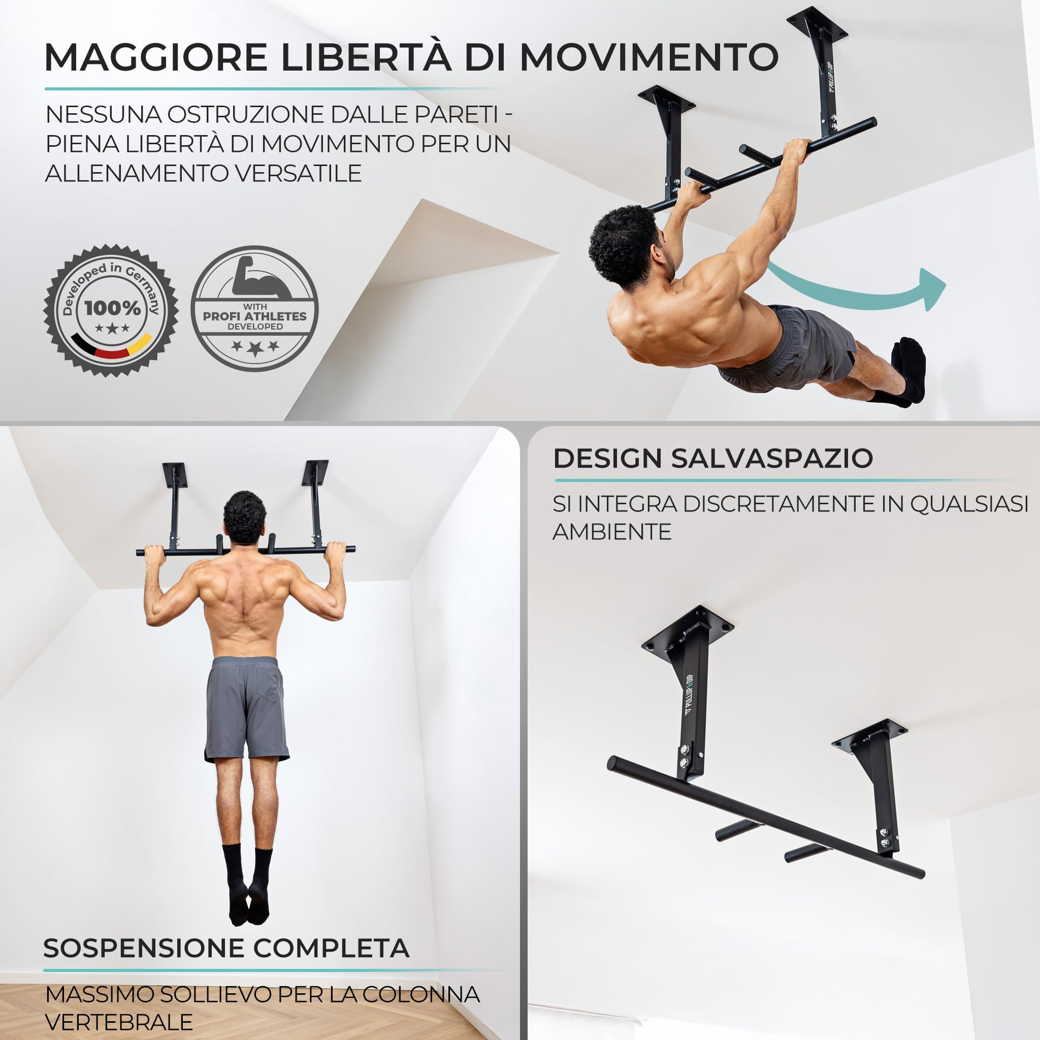 PULLUP & DIP Barra per trazioni da soffitto, portata 180 kg, impugnature antiscivolo a 5 prese per esercizi e pull-up, ideale per palestra domestica