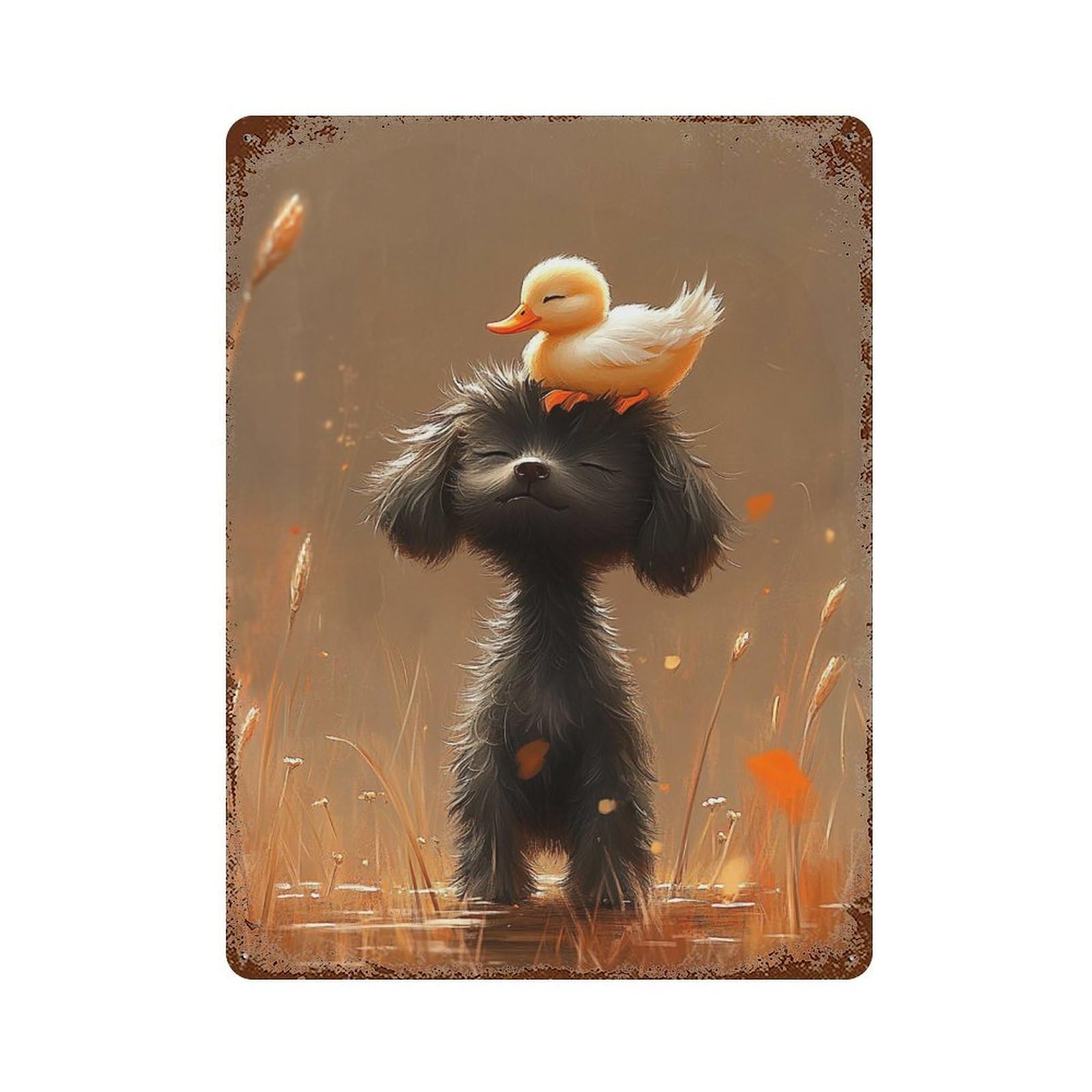 Duck on Dog's Head-1 15.7"x11.8" Vintage Rust Metal Sign, Novelty Wall Decor for Living Room, Hallway And Home Decor