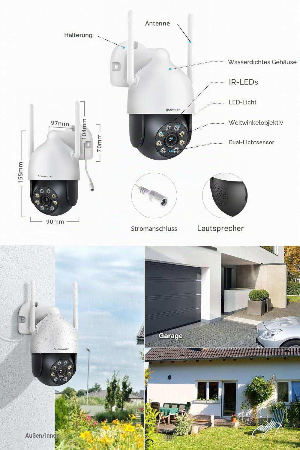 【5MP+360°PTZ】 Jennov Überwachungskamera Set Aussen WLAN, 5MP 10CH NVR und 4Pcs PTZ WiFi Kameras mit Farbe Nachtsicht, 2-Wege Audio, 24/7 Aufnahme, Personenerkennung, Automatische Verfolgung,1TB HDD
