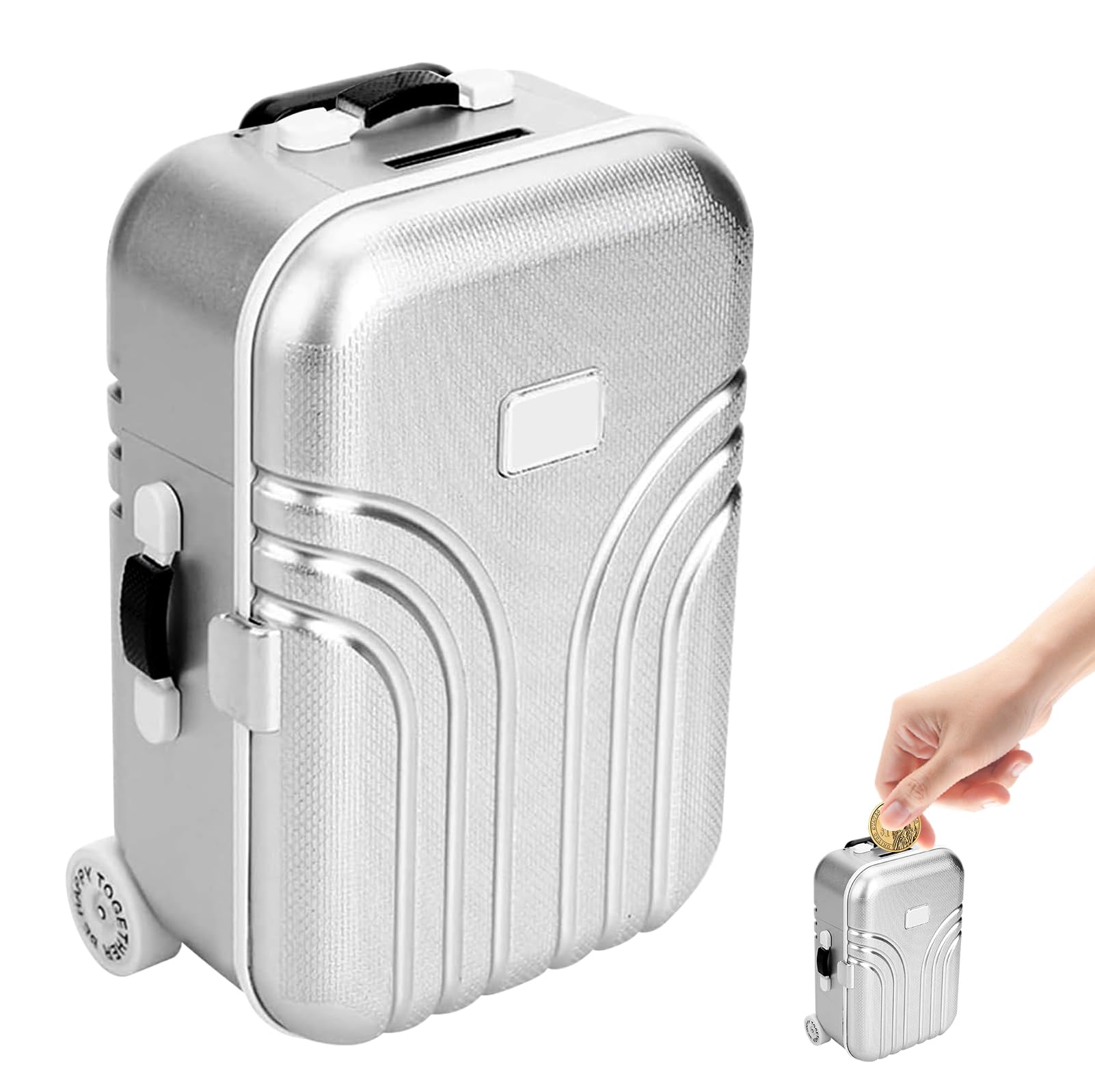 Salvadanaio Valigetta Mini Trolley - Design Creativo Con Ruote - Regalo Per Bambini E Adulti (Argento) - Foto 5