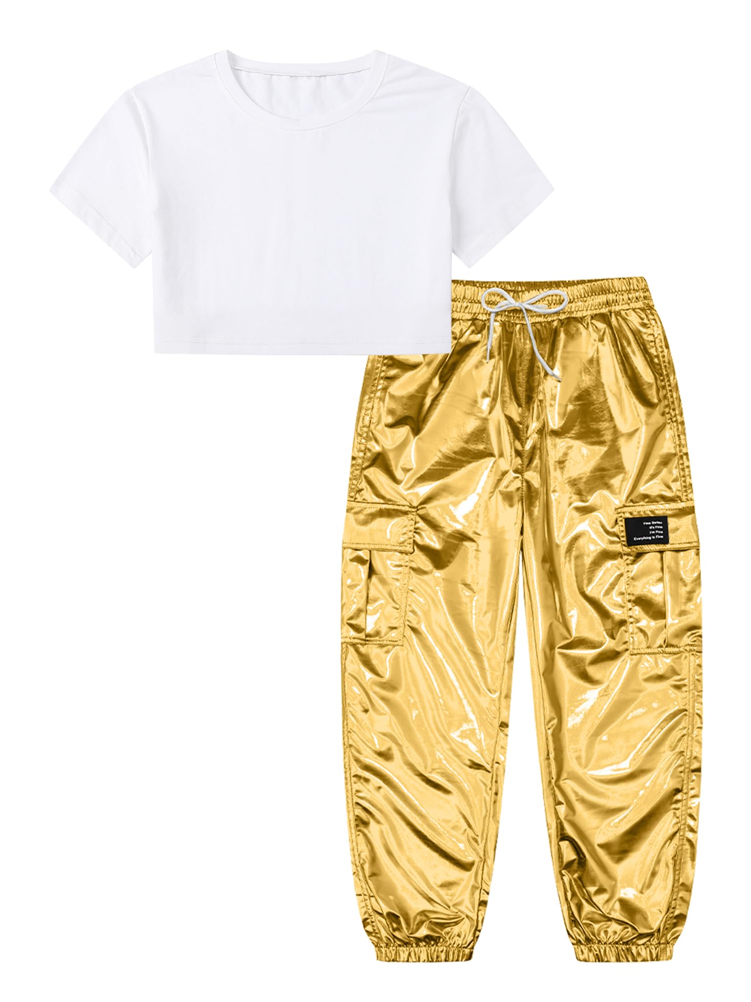 Betusline Girls & Women 2 Piece Outfits, Short Sleeve Crop Top Cargo Pants Trendy Clothing Sets, 4T- Women XL