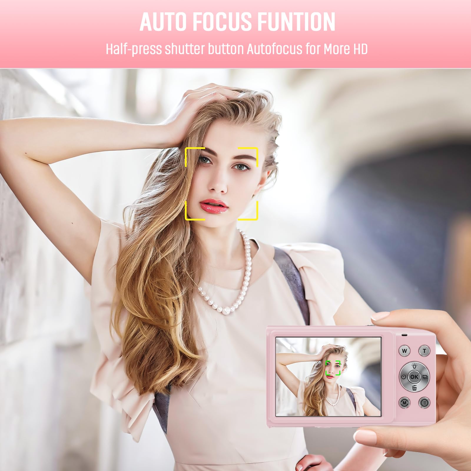 Nsoela Digitale camera, 32 GB kaart, 44 MP fotoapparaat, 1080p HD, vloggingcamera, lcd-scherm, 16x zoom, 2 batterijen, voor tieners en beginners, roze