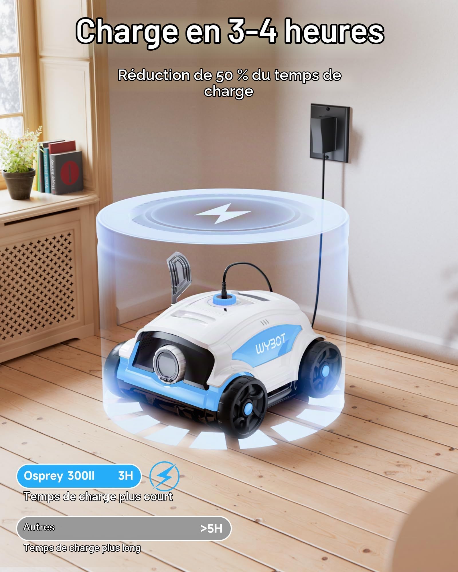 WYBOT Osprey 300II Robot Piscine, Aspirateur Piscine sans Fil avec Batterie,Stationnement Automatique,Nettoyeur Piscine pour Piscines Hors Sol 100 m²,Buse Réglable,120 Min (Blanc Bleu)