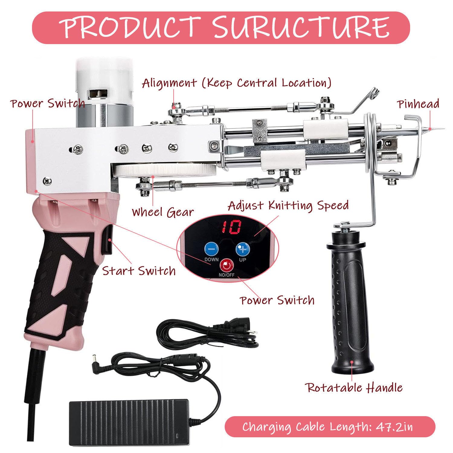 Tufting Gun Kit Complet avec Tondeuse à Tapis, Pistolet 2-en-1 Velours Coupé/Bouclé, avec écran LCD D'affichage De La Vitesse, Kit De Fabrication De Tapis pour Débutants D