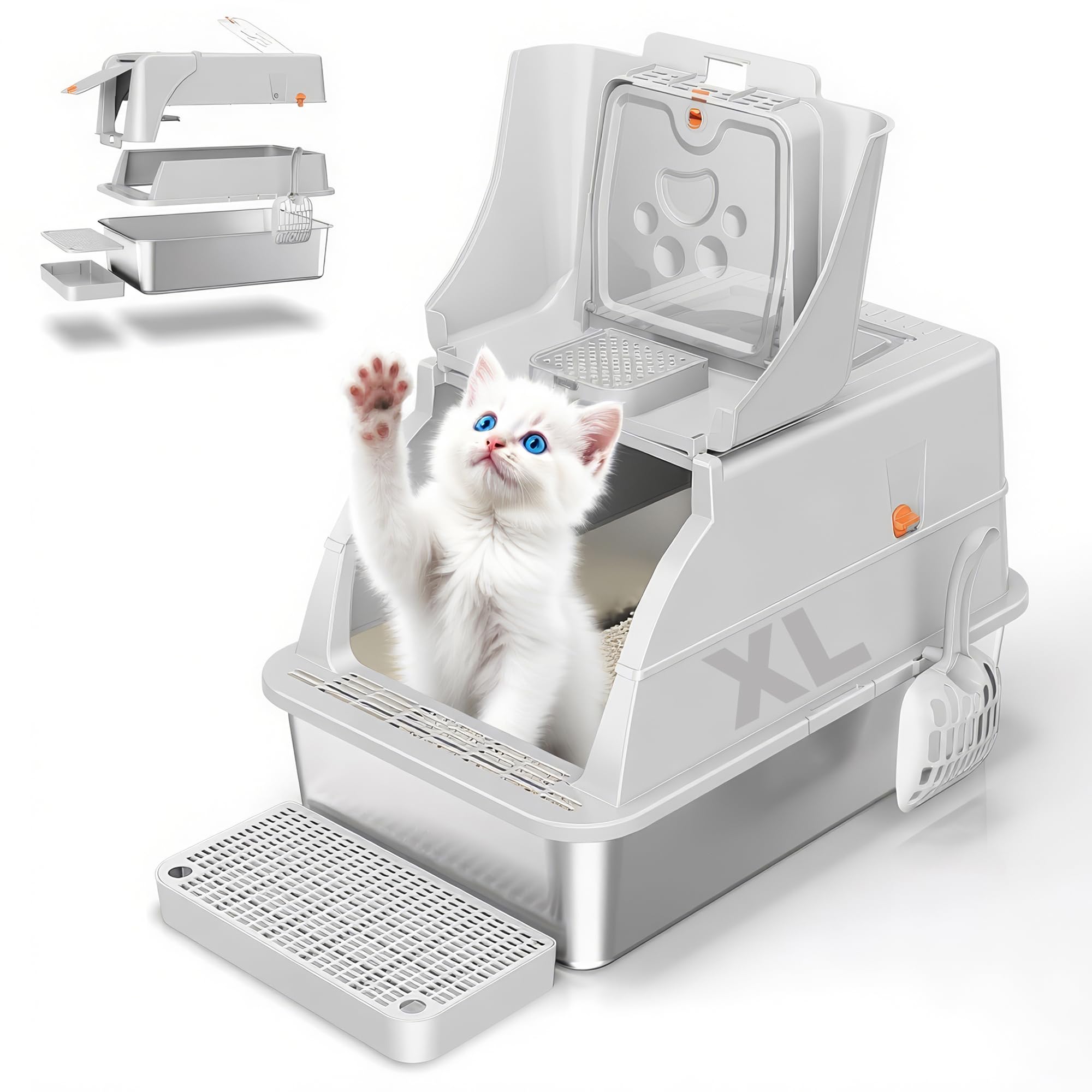 Stainless Steel Litter Box with Lid, 180° Flip-Top XL Extra Large Enclosed Litter Box for Big Cats, Front Entry Top Exit Kitty LitterBox, Metal Cat Box with Scoop & Step Board, Odor-Free, Anti-Leak