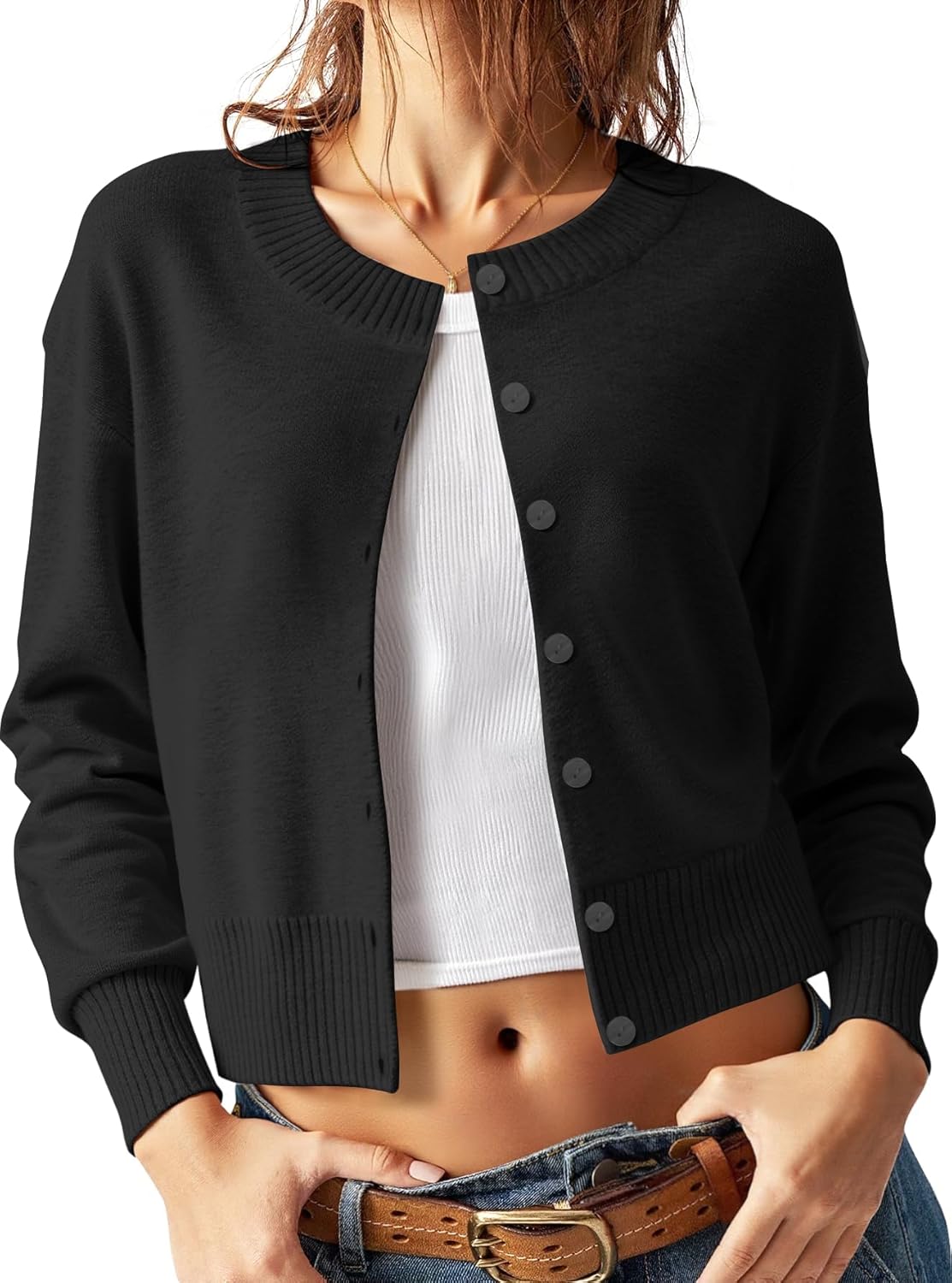 Women's Cropped Knit Cardigan Sweater – Button Down Long Sleeve Slim Fit Gray Fall Layering Top - Image 4