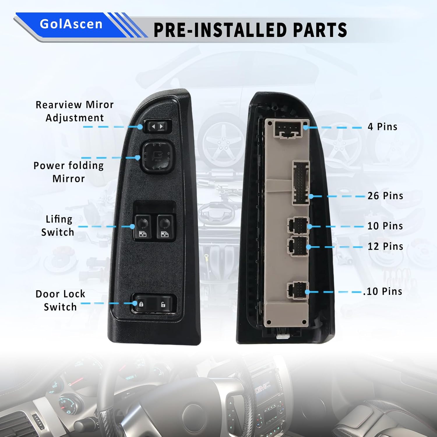 15883318 Front Driver Side Door Lock Switch Master Power Window Switch & Black Bezel Assembly Fit for Chevy Silverado Avalanche Suburban Tahoe 2003-2006,GMC Sierra Yukon & Cadillac Escalade Hummer H2