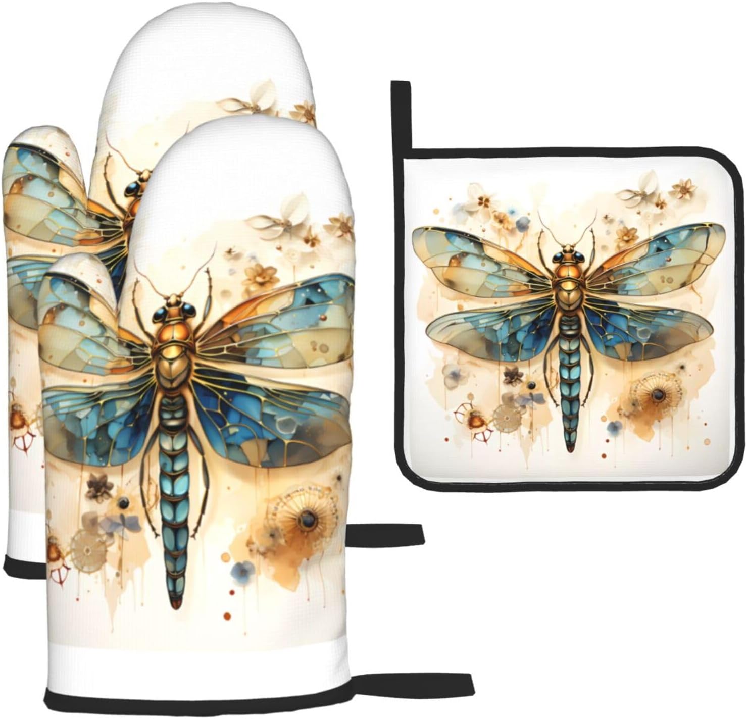 Oven Mitts and Pot Holders 3 Pieces Sets Barbecue Mitts High Heat Resistance Anti Slip for Baking Cooking Golden Delicate Dragonfly On Yellow Background