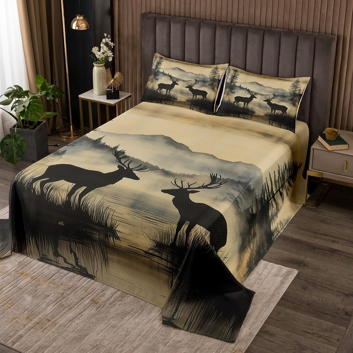 Erosebridal Rustic Deer Quilt Set for Kids Teens Adults, Woodland Animal Hunting Themed Queen Size Bedspread Set, Nature Lake Scenery Coverlet Set Country Cabin Lodge Bed Set