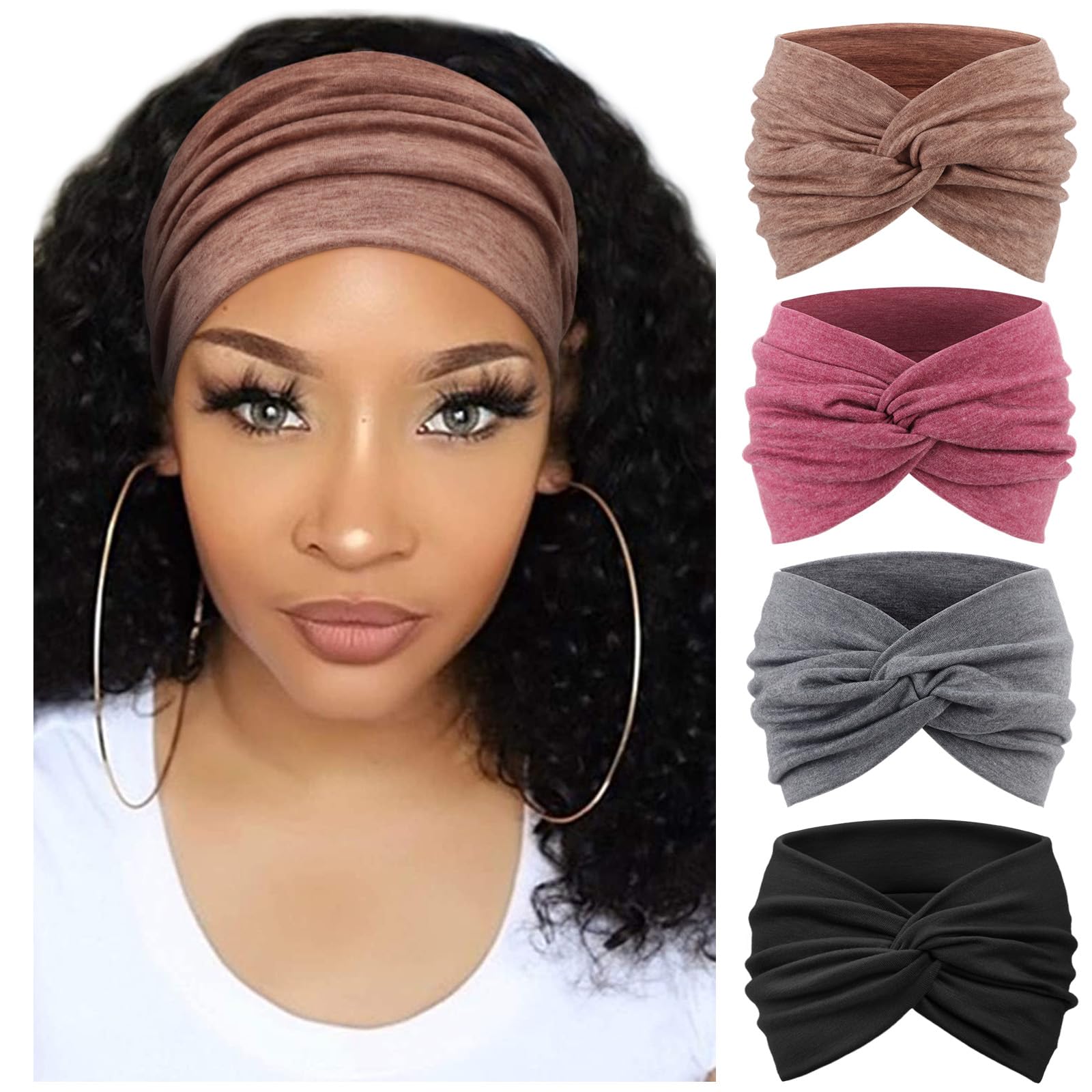 DRESHOW 4 Pack Turban Headbands for Women Wide Vintage Head Wraps Knotted Cute Hair Band Accessories