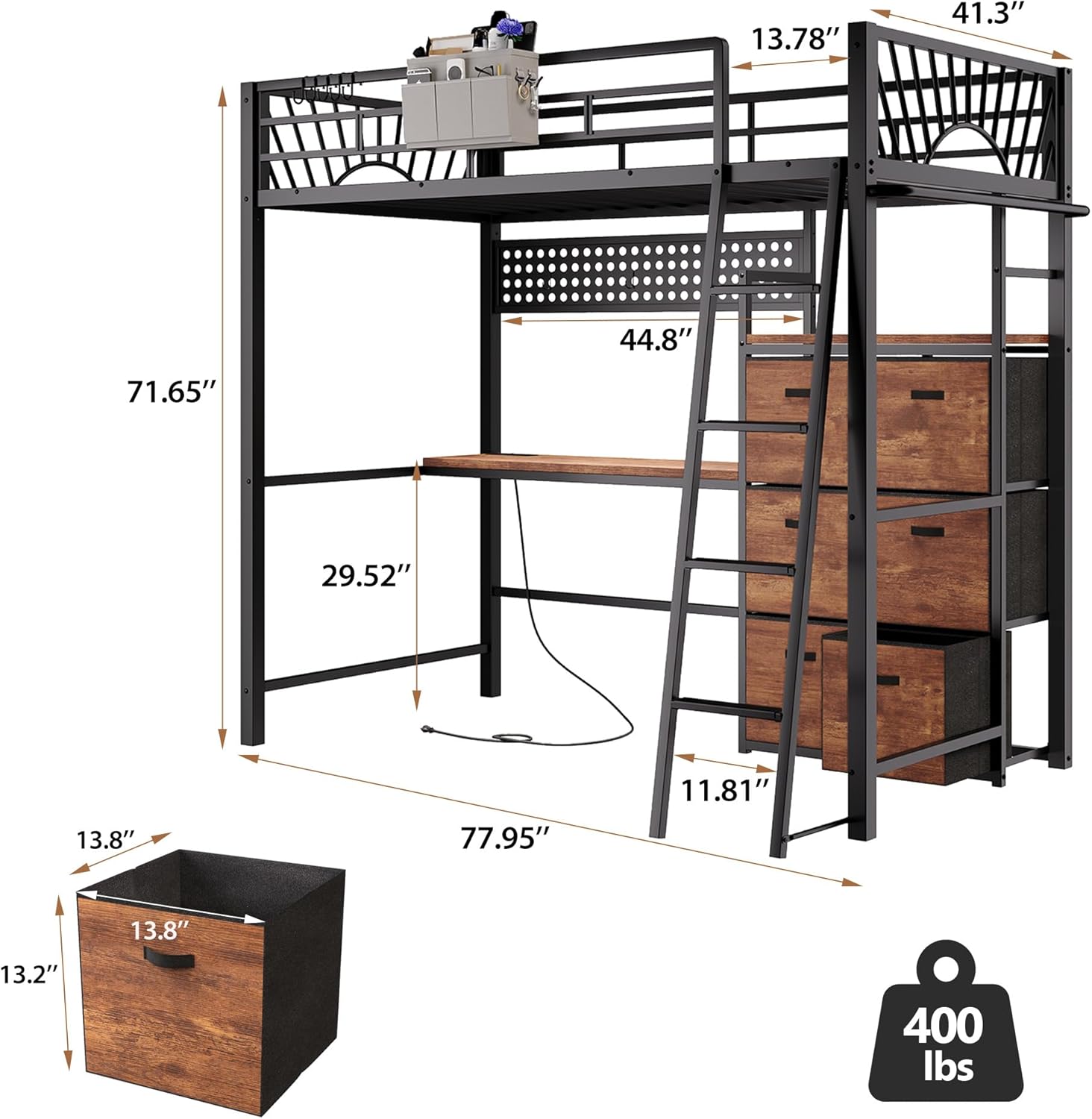 decofy twin metal loft bed with desk, 6 storage cabinet, led light bunk bed frame twin size with charging station, no box spring needed, extra wide stair treads&safety ladder, hanging rod&guardrail black twin loft bed with desk