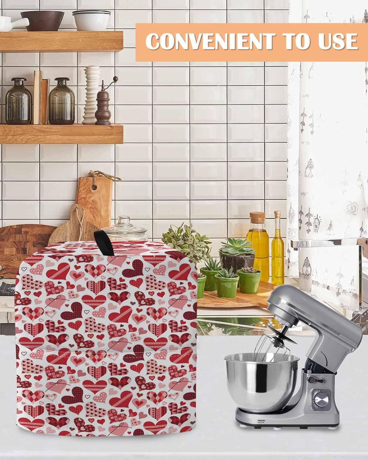 Valentine's Day Stand Mixer Cover with Storage Pocket, Waterproof Kitchen Mixer Covers, Red Romantic Love Heart Vintage Kitchen Appliance Dust Cover Compatible with 4/4.5 Quart Mixers