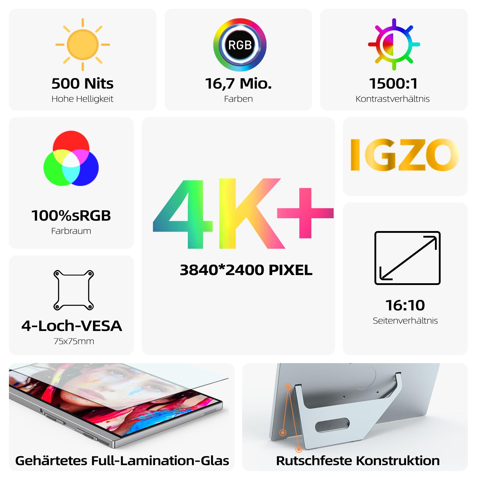Intehill 4K Tragbarer Monitor 13,4 Zoll UHD 500 nits, IGZO-Panel 16:10 3840x2400, Dual-USB-C & HDMI, leichtes Aluminiumgehäuse nur 680g mit Standfuß - U13ZC - 2