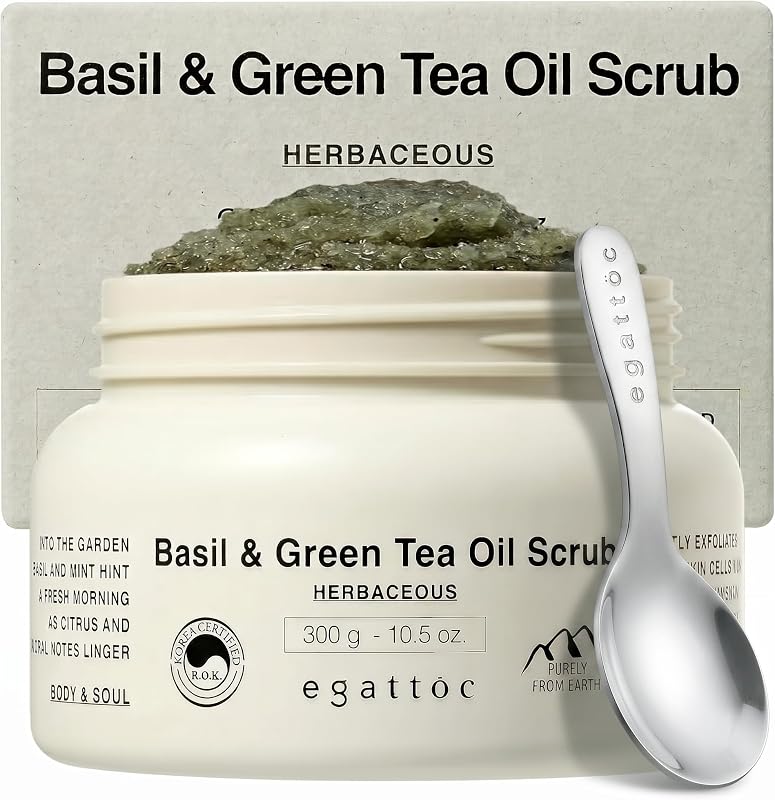 Exfoliating Body Scrub, Basil & Green Tea Salt Scrub, 10.5oz | sensitive skin, oil sugar scrub, himalayan salt, basil & green tea, mugwort, oat, BHA LHA, body polish, body exfoliator