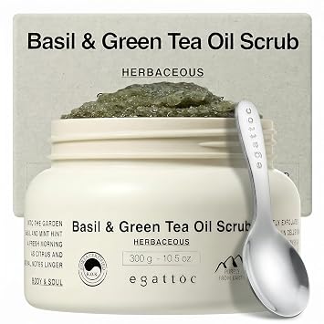 Exfoliating Body Scrub, Basil & Green Tea Salt Scrub, 10.5oz | sensitive skin, oil sugar scrub, himalayan salt, basil & green tea, mugwort, oat, BHA LHA, body polish, body exfoliator