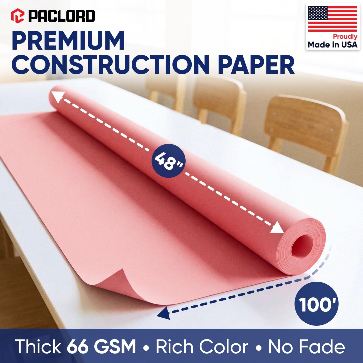 Paclord Rouleau de papier de construction rose de 121,9 cm x 3048 cm (30,5 m) (lot de 1 rouleau, couleur rose) – Fabriqué aux États-Unis – Rouleau de papier kraft pour projets scolaires – Papier