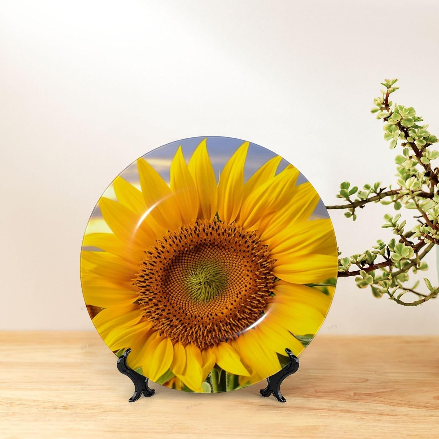 Bone China Decorative Plate with Display Golden Yellow Sunflower Ceramic Plates Crafts Art Decor Dessert Plate Ceramic Ornament Porcelain Plates for Living Room Kitchen Table Home Decor