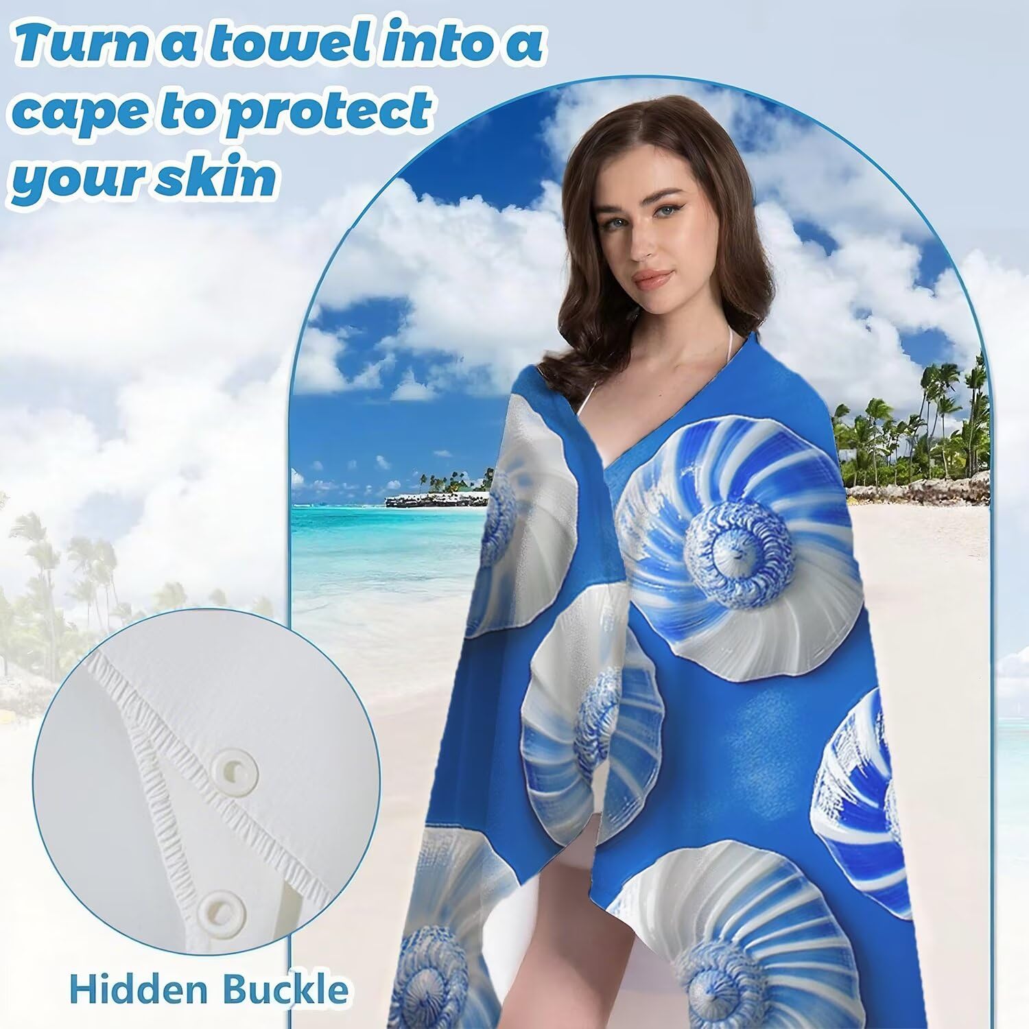 Toalla Playa Microfibra 150x200 Caparazón Diseño Absorbente Sin Arena Toalla Playa, con Cuerda Elástica, Ligero, Hombre, Mujer Ideal Toallas de Baño, Aplicable Gimnasio,Viajes, Natación, Azul p-422