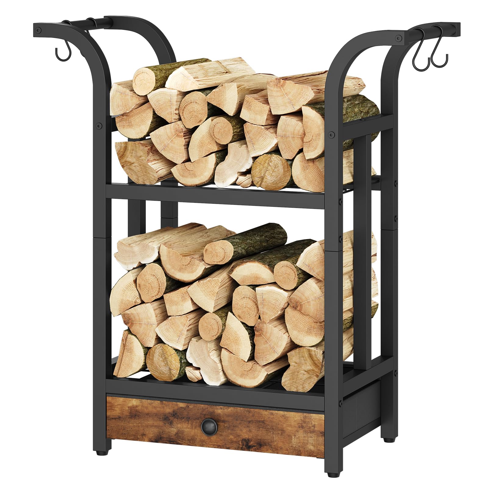 MAHANCRIS Legnaia da Esterno in Metallo, Portalegna 3 Ripiani con 4 Ganci, Scaffale Porta Legna, 68 x 30 x 73,5 cm, in Metallo per Camino, Marrone Vintage e Nero AFKBK4301