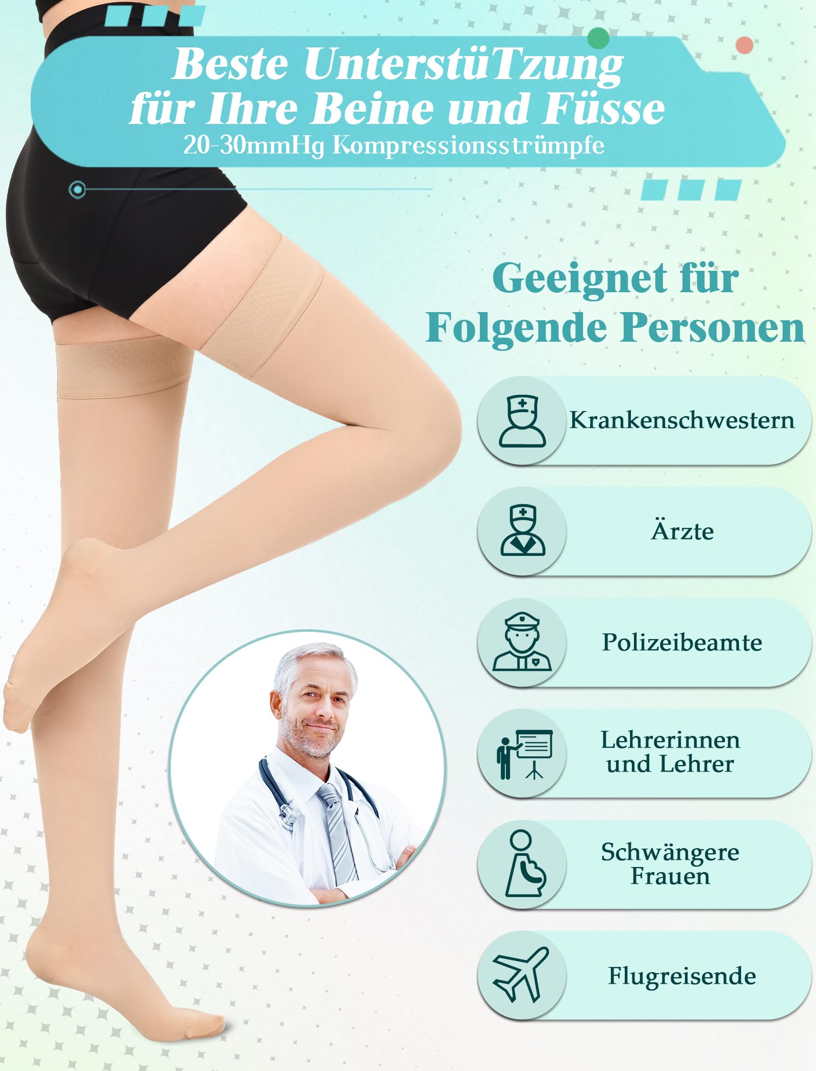 20-30 mmHg Bas de compression médicale pour homme et femme Classe 2 Bas de contention longs à la cuisse Bout fermé Chaussettes de compression avec bande en silicone pour varices, œdèmes, vol