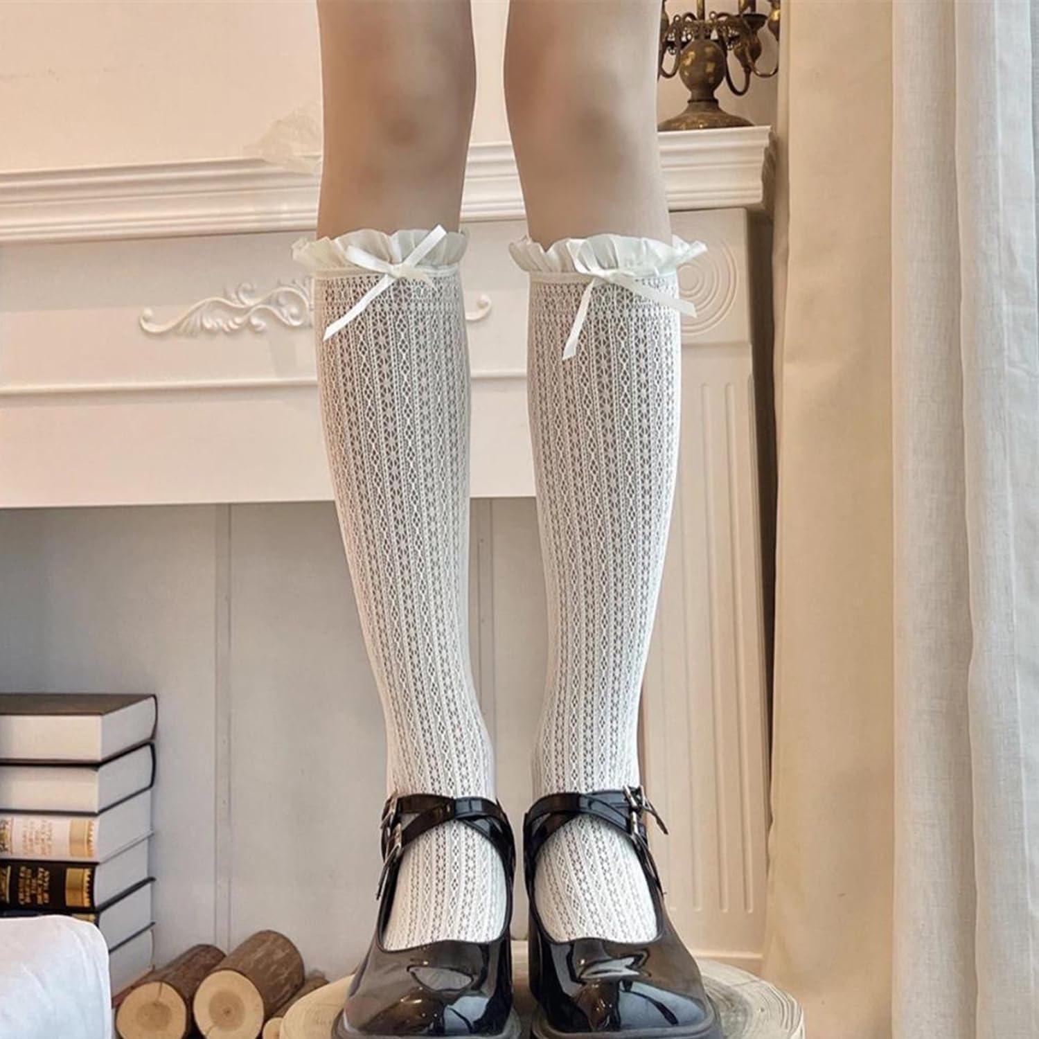 Women's Lace Knee High Socks, Cute Mesh Fishing Net Stockings with Bow, for Lolita Princess Valentines - Image 3