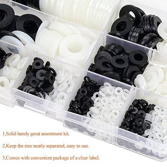 HELIFOUNER 1000 Pieces 9 Sizes White/Black Nylon Flat Washers Assortment Kit - M2 M2.5 M3 M4 M5 M6 M8 M10 M12