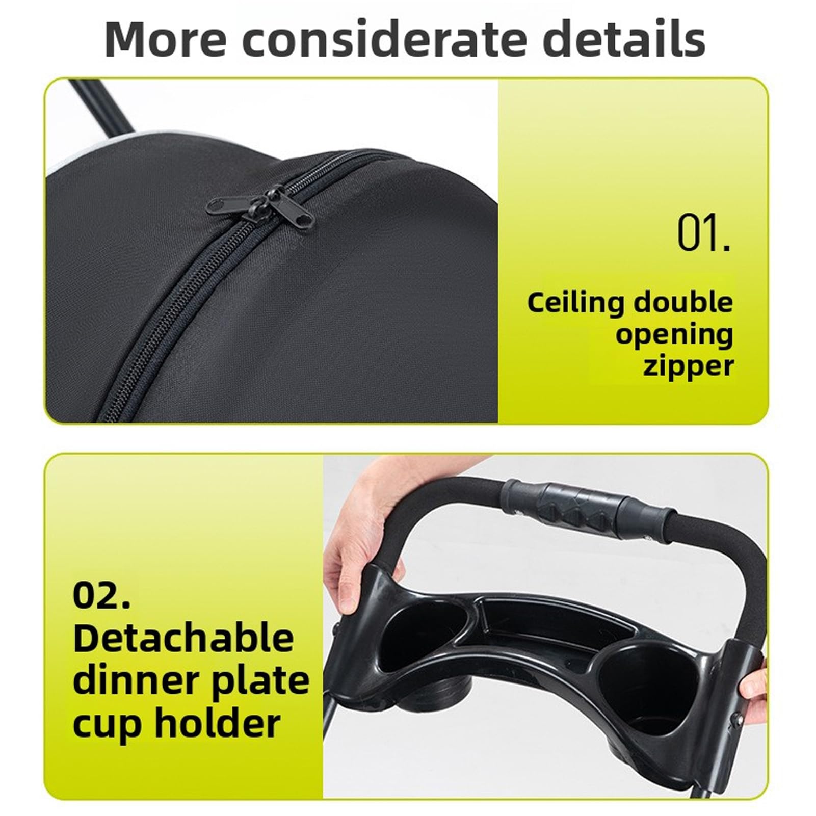 Cochecito plegable para mascotas, malla transpirable de 360 ​​grados con dosel con cremallera de 2 vías, bandeja de comida desmontable, portavasos, cochecito de viaje para perros (Negra)