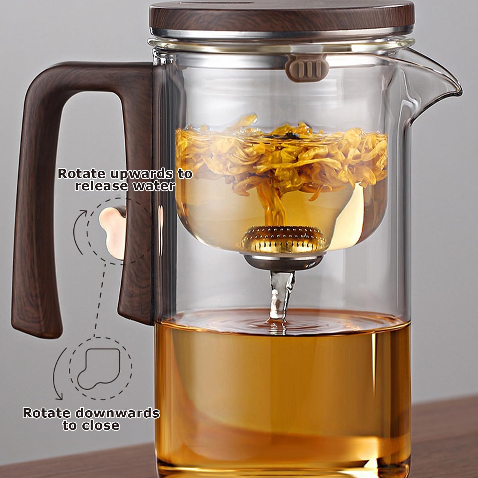 Enchantipot Théière en verre avec infuseur, séparation magique de l'eau, poignée en bois, verre borosilicate résistant à la chaleur, avec passoire (700 ml, transparent)
