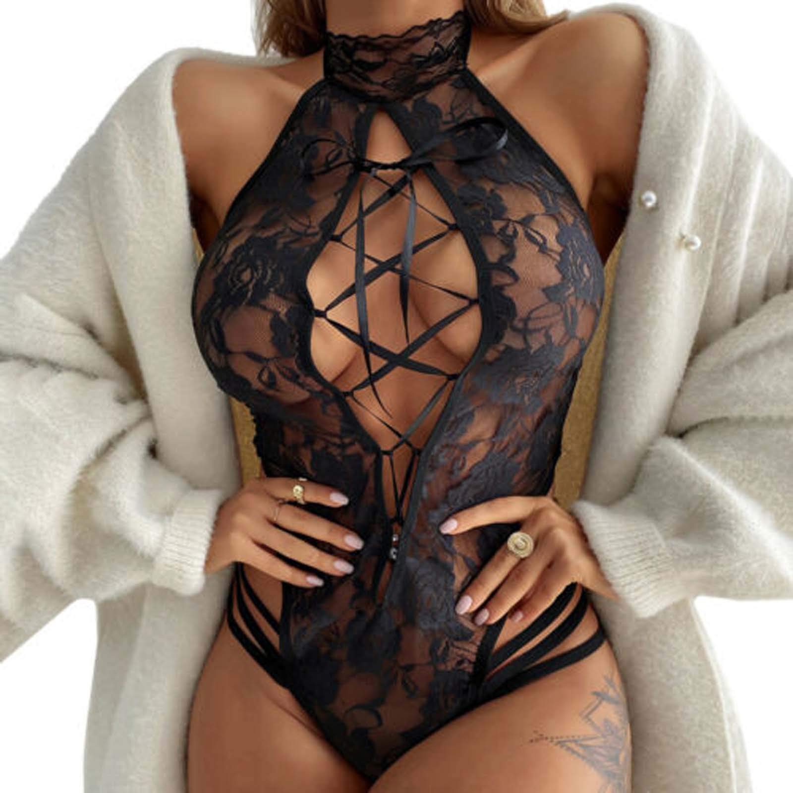Women's Black Lace Halter Neck Bodysuit with Lace-Up Detail-image-42