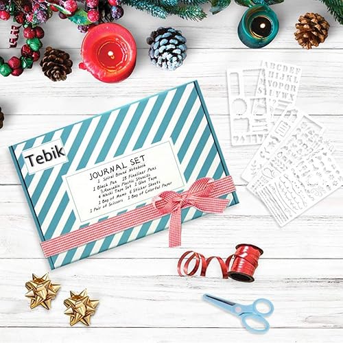 Miniatura 8 de Tebik - Kit de diario de puntos cuaderno de cuadrícula A5 hoja suelta con 6 anillas 240 páginas 15 bolígrafos de colores plantillas calcomanías