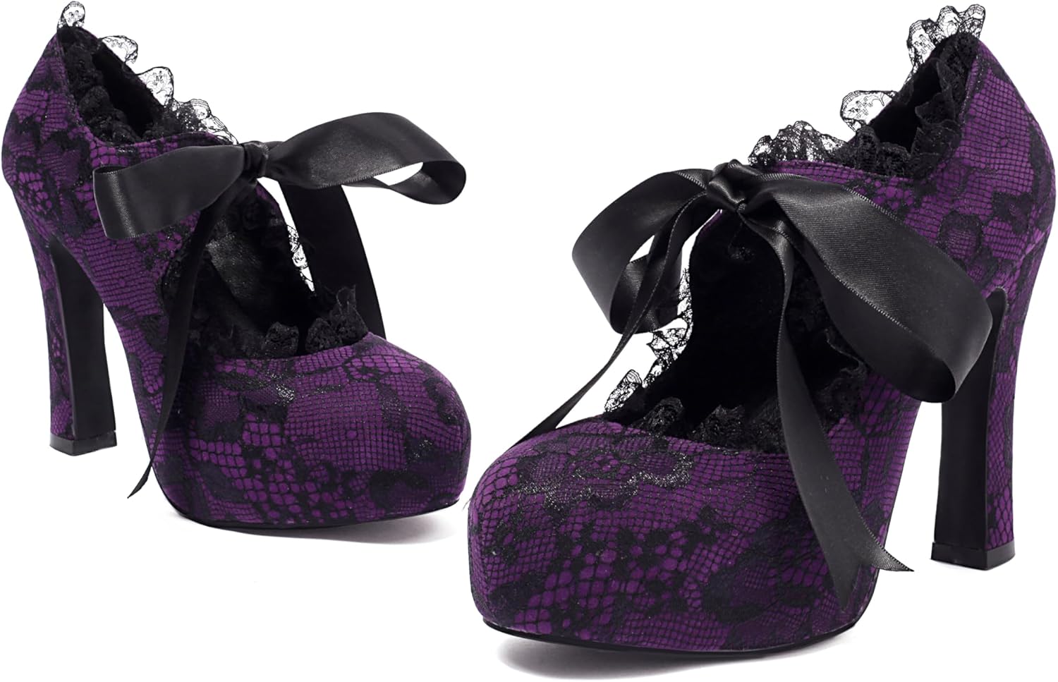 Elerhythm Women's Lace Flower Mary Jane Punk Closed Toe Prom Costume Elegantes Gothic Pumps Vintage Sweet Platform High Heels Shoes