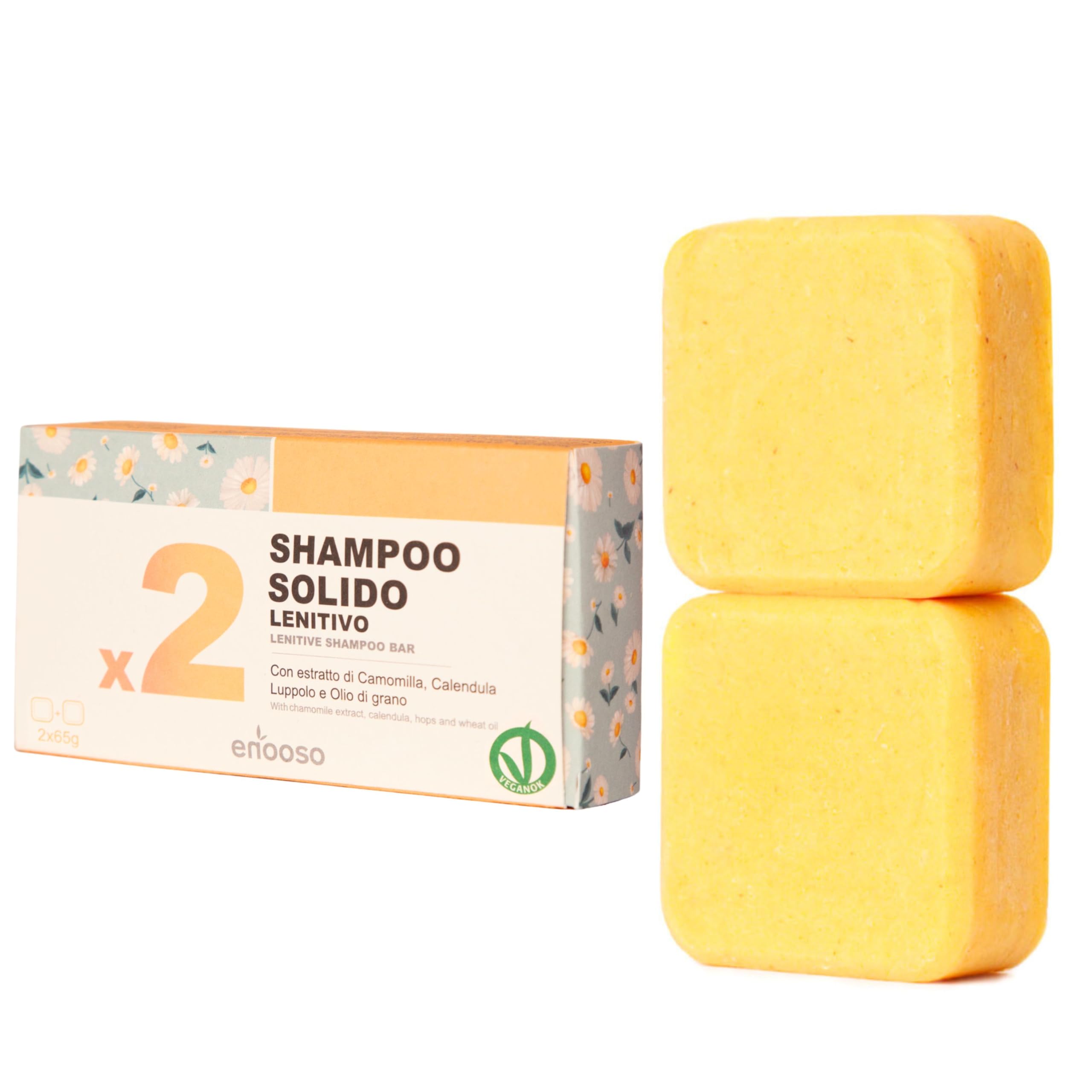 Enooso - Shampoo Solido Lenitivo Naturale per Cute Sensibile - Illuminante per Capelli Lucenti e Morbidi – 100% Vegan e Artigianale 130gr