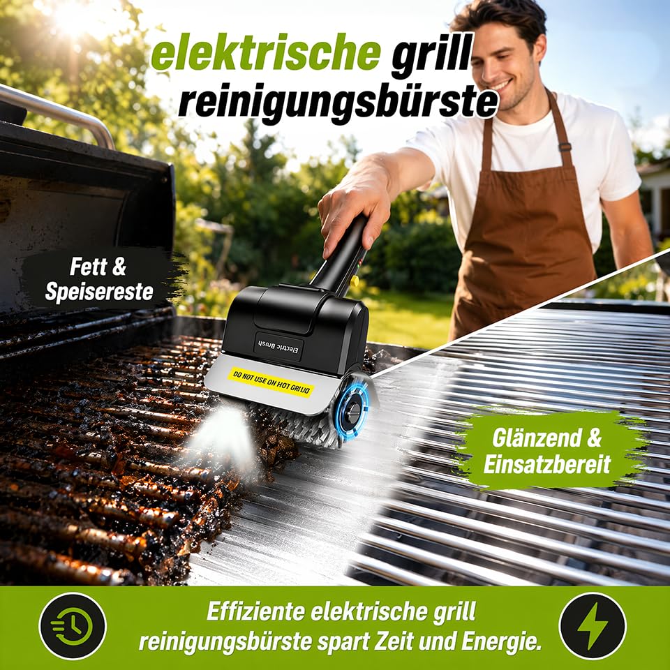 Elektrische Grillbürste, Elektrische Grill Reinigungsbürste mit Beleuchtung, Wiederaufladbarer Grillreiniger, 100 Minuten Laufzeit, Austauschbare Edelstahl-Bürstenkopf Für Alle Grills Geeignet