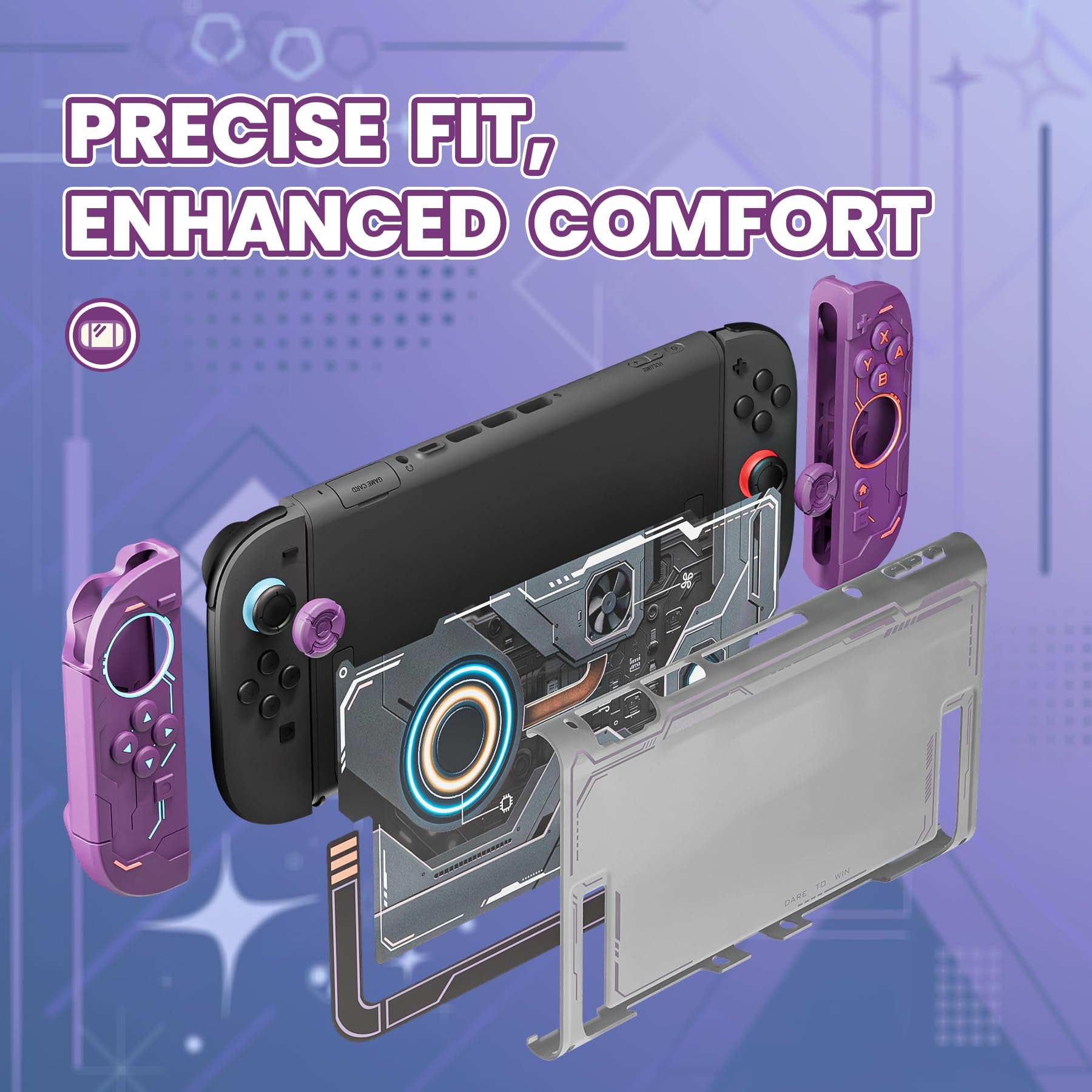 PlayVital Protective Case for Nintendo Switch 2, Stellar Mecha Ergonomic Anti-Slip Silicone Grip Cover, Dockable Hard Case Shell for Switch 2 with Joystick Cap & Sticker - Smoky Purple - 5