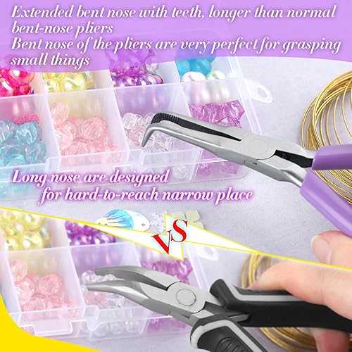 Miniatura 5 de SPEEDWOX Alicates de punta de aguja doblada con mandíbula dentada, mini alicates de punta larga doblados de 45 grados, alicates removedor de aguja,