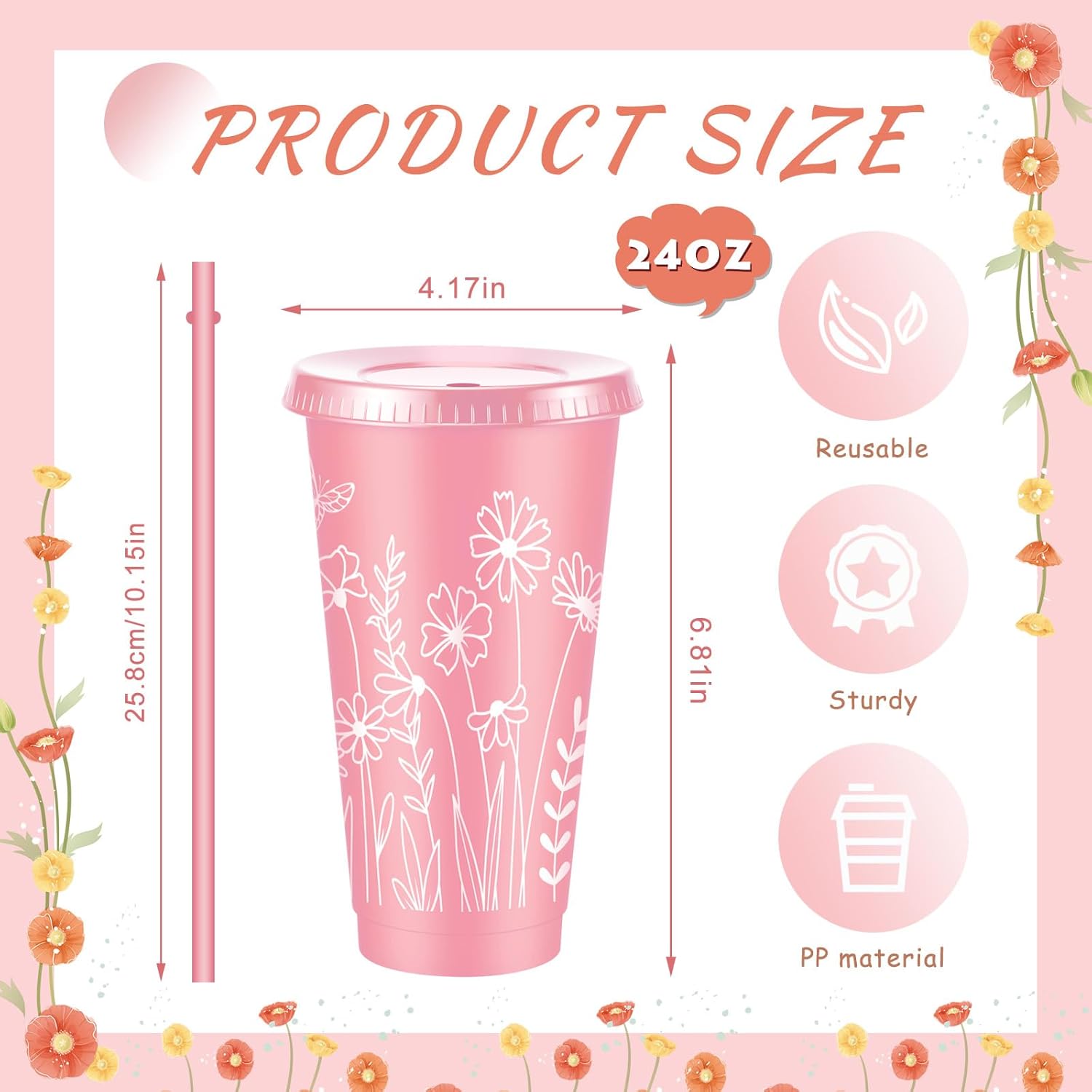 Skylety 12 Pcs Wildflower Plastic Tumblers with Lids and Straw Bulk Gift for Women 24 oz Spring Reusable Iced Coffee Cups Floral Travel Mugs for Easter Bridesmaid Birthday Baby Shower Party Supplies - Image 2