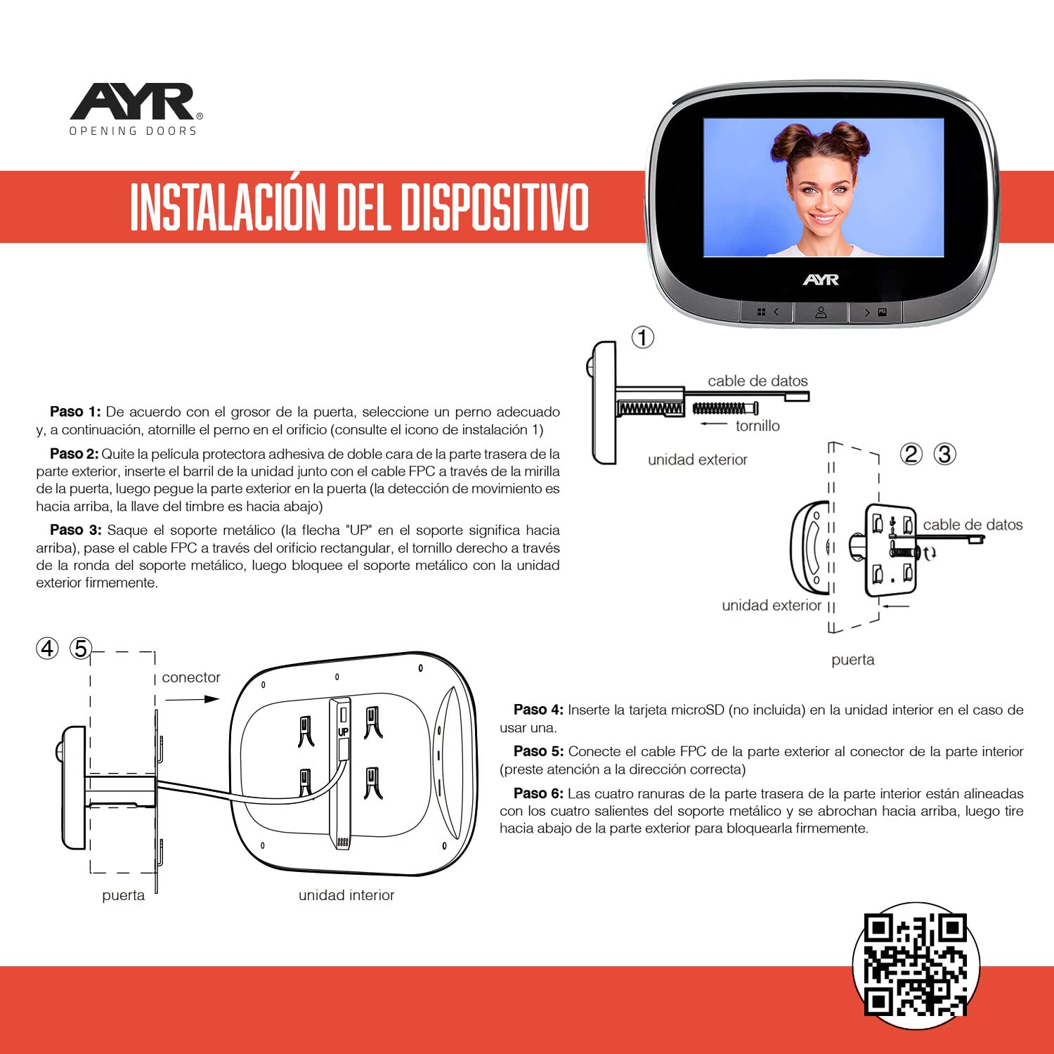 AYR Mirilla Digital de Puerta con Gran Pantalla a Color de 4,3". Cámara con Infrarrojos y visión Nocturna, PIR; detección de Movimiento. Batería Recargable. Modelo 763 WiFi.