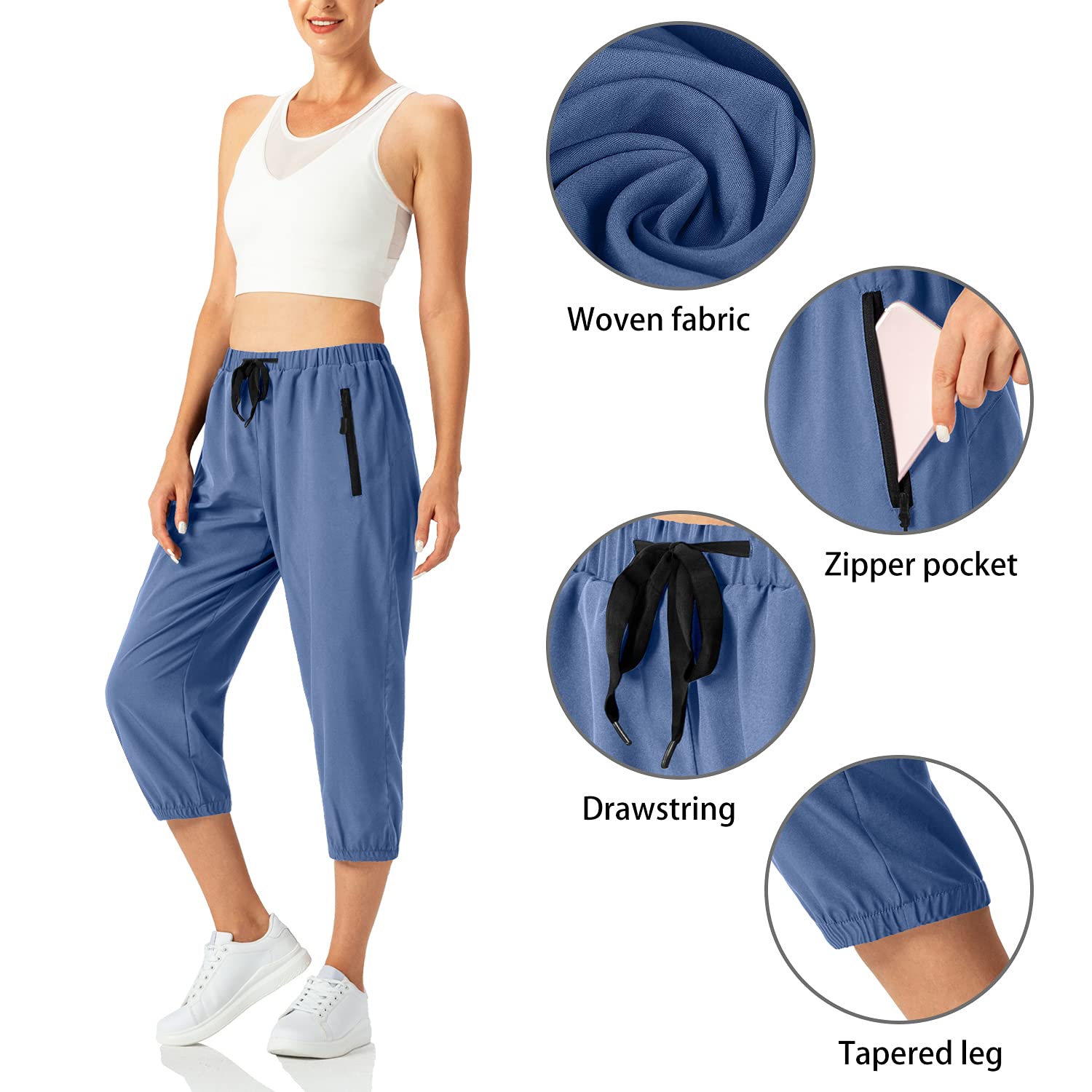 Butrends 3/4 Pantalón de Chándal para Mujer Pantalones de chándal Ligeros para Mujer Pantalones Capri de Secado rápido Pantalones de Senderismo Casuales con Bolsillos con Cremallera