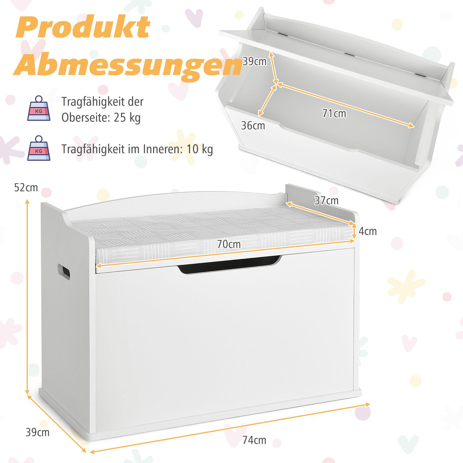 DREAMADE Spielzeugkiste mit Deckel, Kinderbank mit Kissen, Spielzeugtruhe Kindertruhe, Aufbewahrungsbox Kinder 74 x 39 x 52 cm für Kinderzimmer Spielzimmer (Weiß)