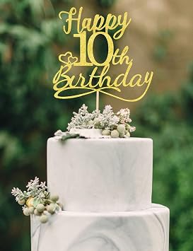 Happy 10th Birthday Cake Topper - Golden Cake Topper for Girls, 10th Birthday Decorations