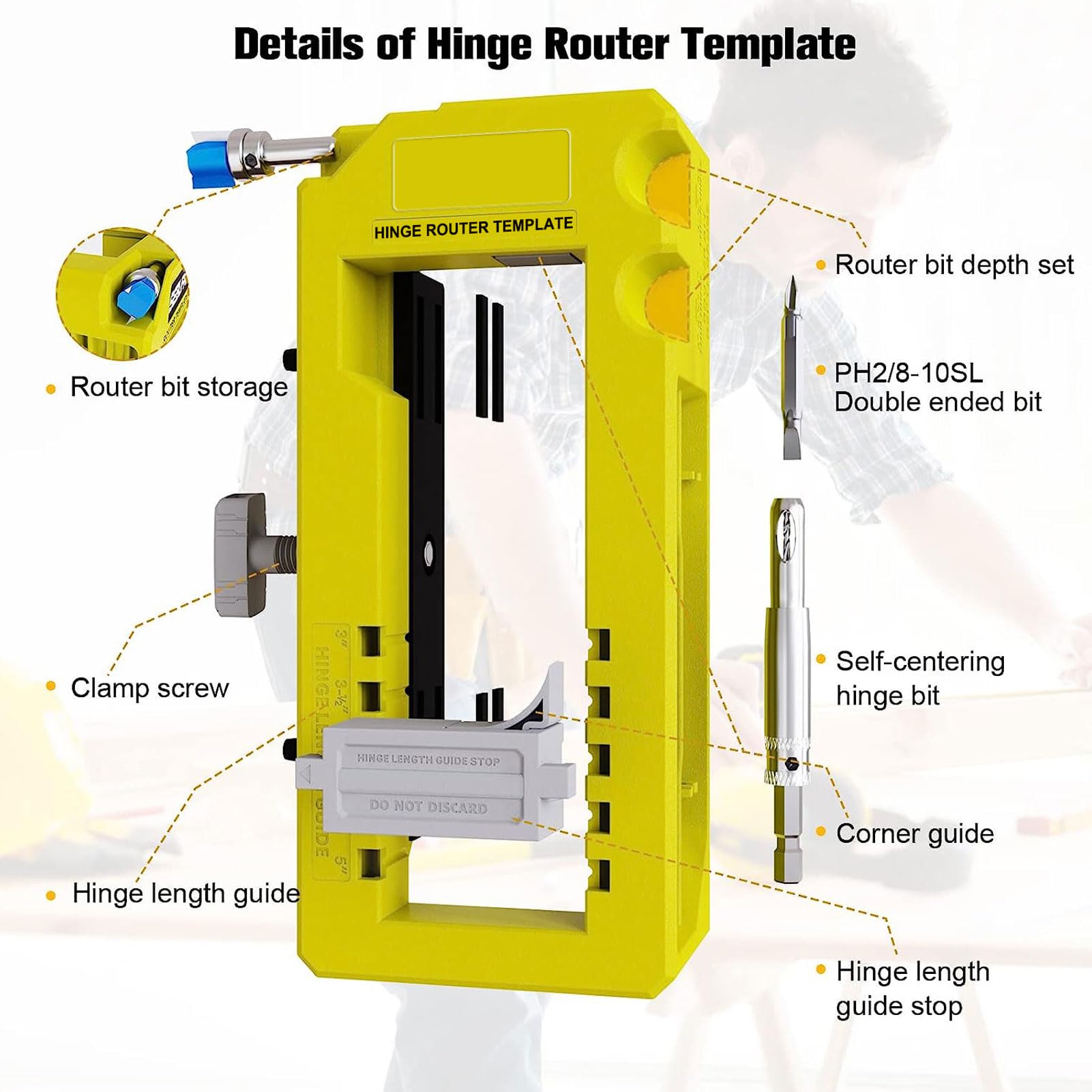 YUEHISY Router Template for Door Hinges - Mortiser Jig - Self-Centering Drill Bit & Depth - Fits 3"-5" Hinges - Image 2
