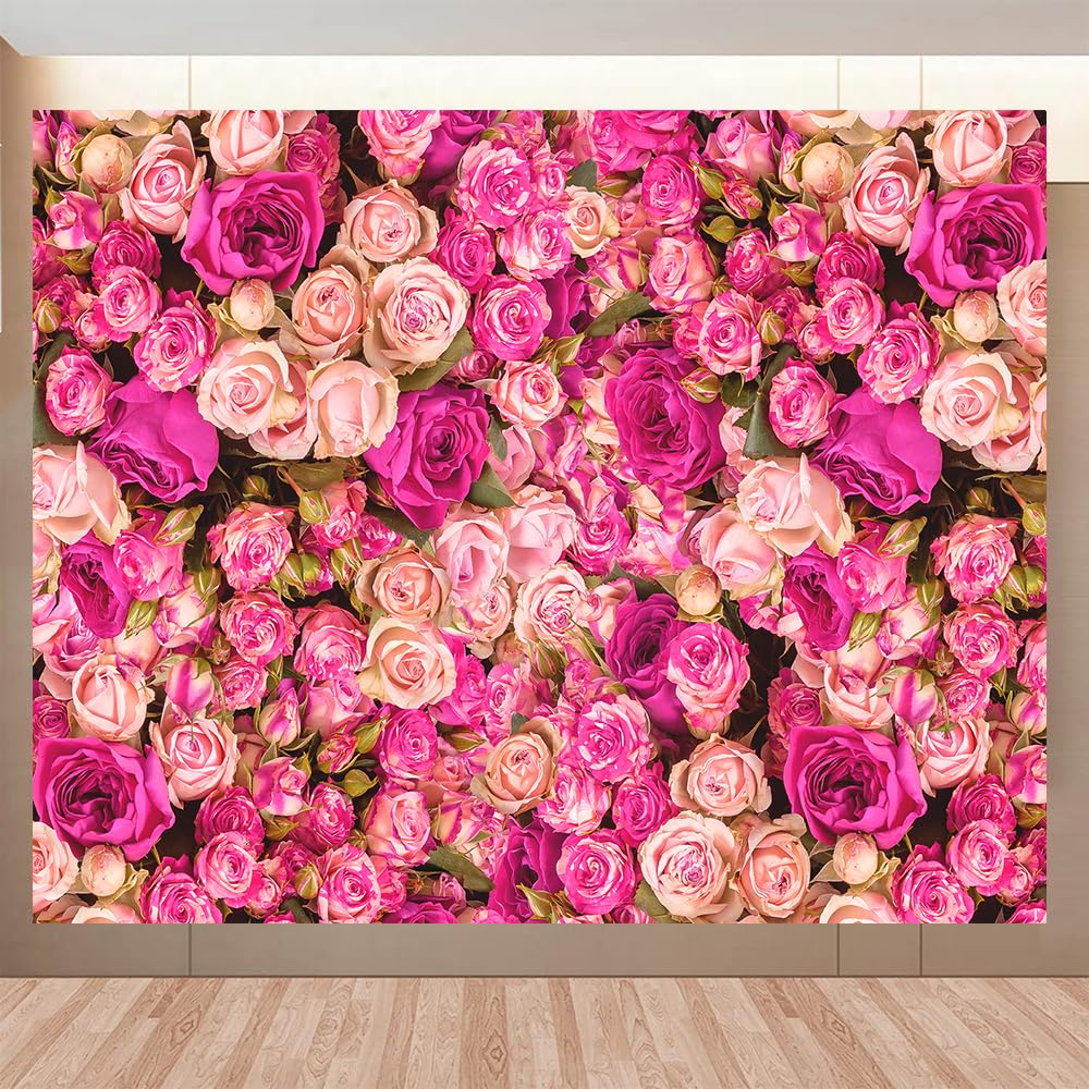 10x8ft Pink Red Rose Floral Wall Backdrop Flowers Photography Background Mothers Day Valentine's Day Backdrop Girls Birthday Party Baby Shower Wedding