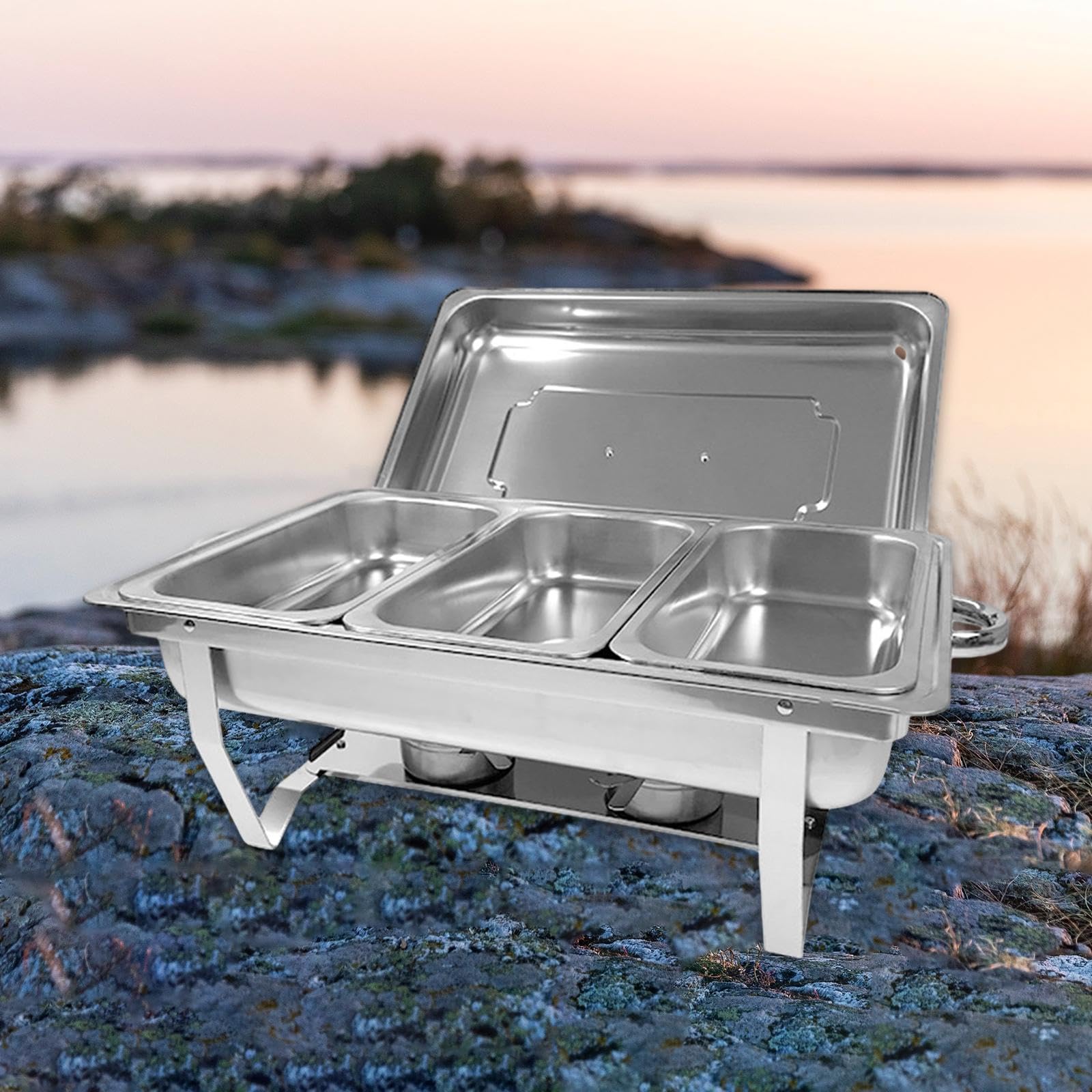 Buffet Calentador de Alimentos Bandeja para Servir Soporte Metálico Chafing Dish con Tapadera Extraíble de Acero Inoxidable Apto para Bodas, Tres Rejillas, Individual
