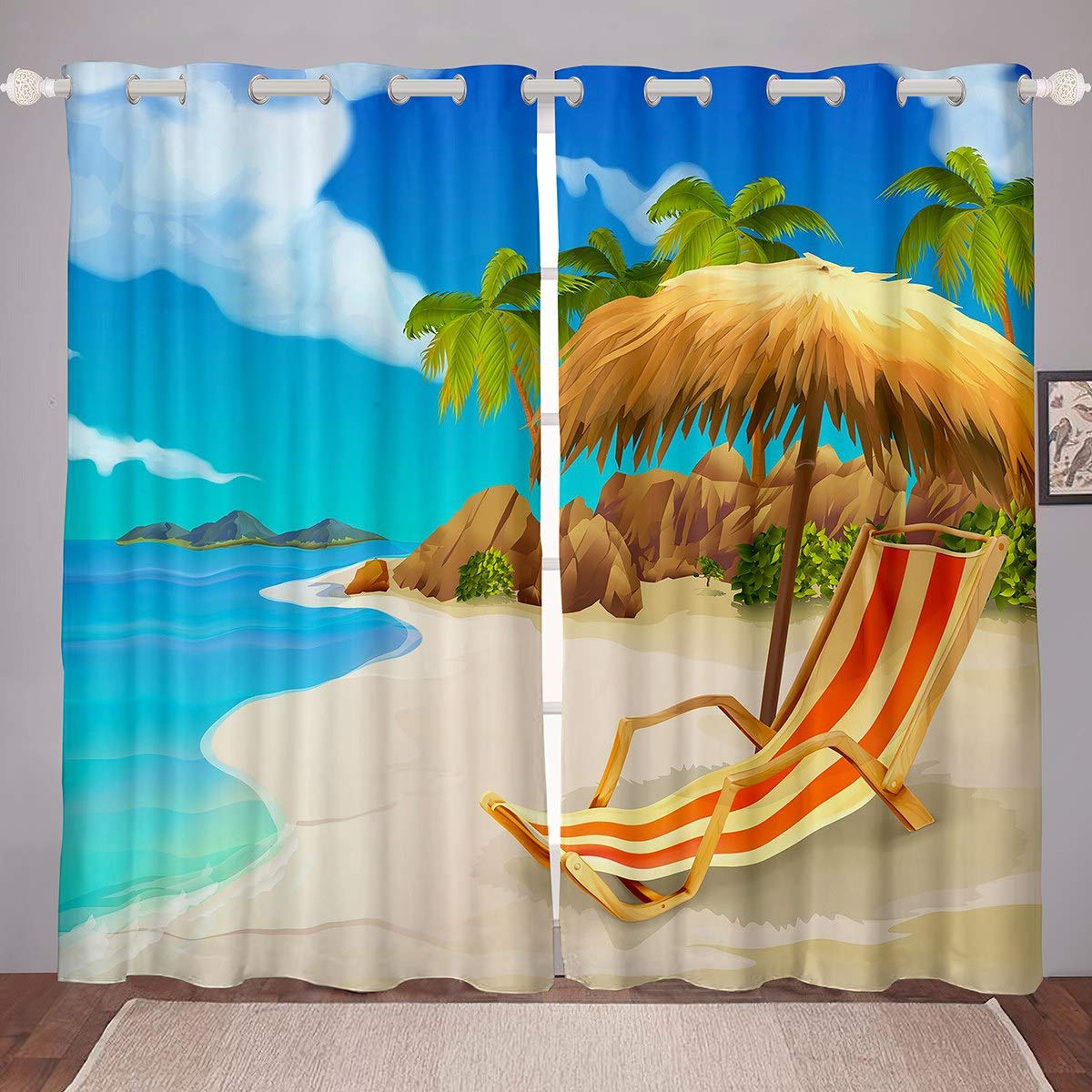 Loussiesd Hawaii Beach Window Curtain for Kids Boys Girls Ocean Wave Surfing Blackout Curtains Sea View Curtains for Bedroom Summer Holiday Vacation Darkening Thermal Drapes W46*L54,2 Panel Set — image 1