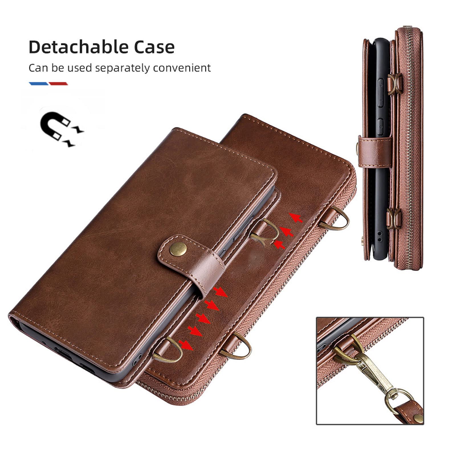 Etui do iPhone 14 / 14 Pro / 14 Plus / 14 Pro Max, klapki, zamek błyskawiczny, etui na telefon komórkowy, przegródka na karty, magnetyczne, odporne na zarysowania, brązowe, 14 Pro 6,1"