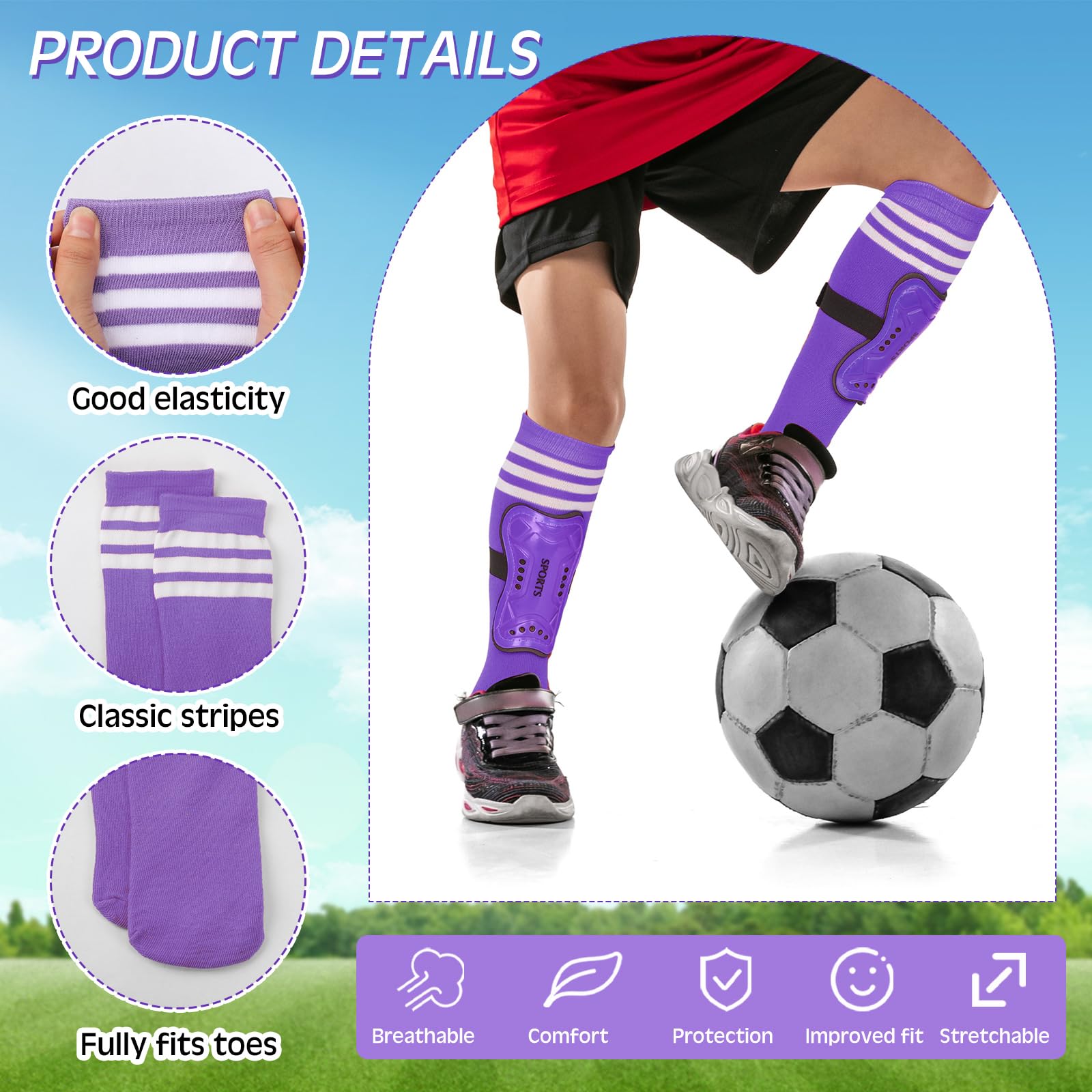 Liliful Juego de 4 espinilleras de fútbol para niños y jóvenes, incluye 1 espinilleras de fútbol con 3 calcetines de fútbol protectores, equipo de fútbol para niñas, niños, adolescentes y niños