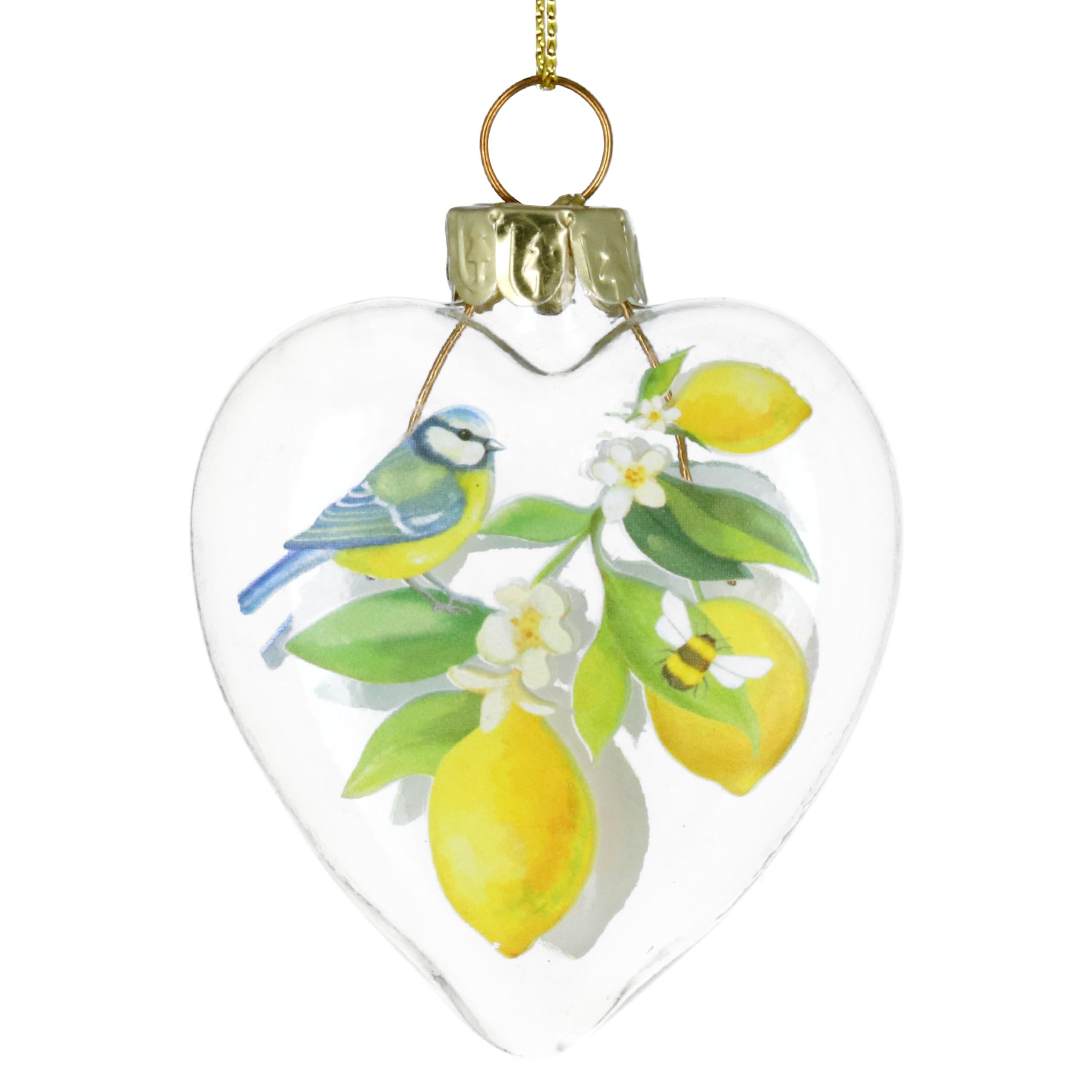 Gisela Graham Heart-Shaped Glass Decoration with Lemon and Bird Design