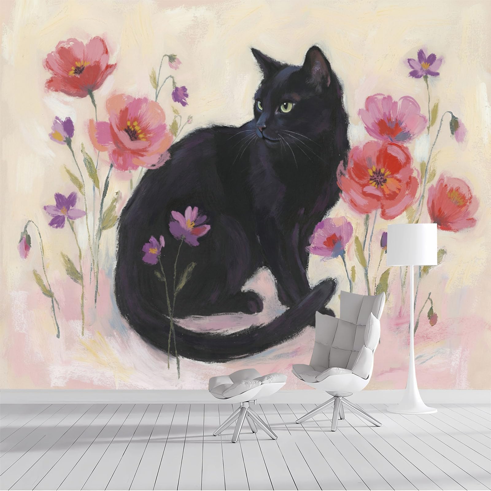 Effet panoramique photo muraux beige motif fleurs et chat style peinture huile